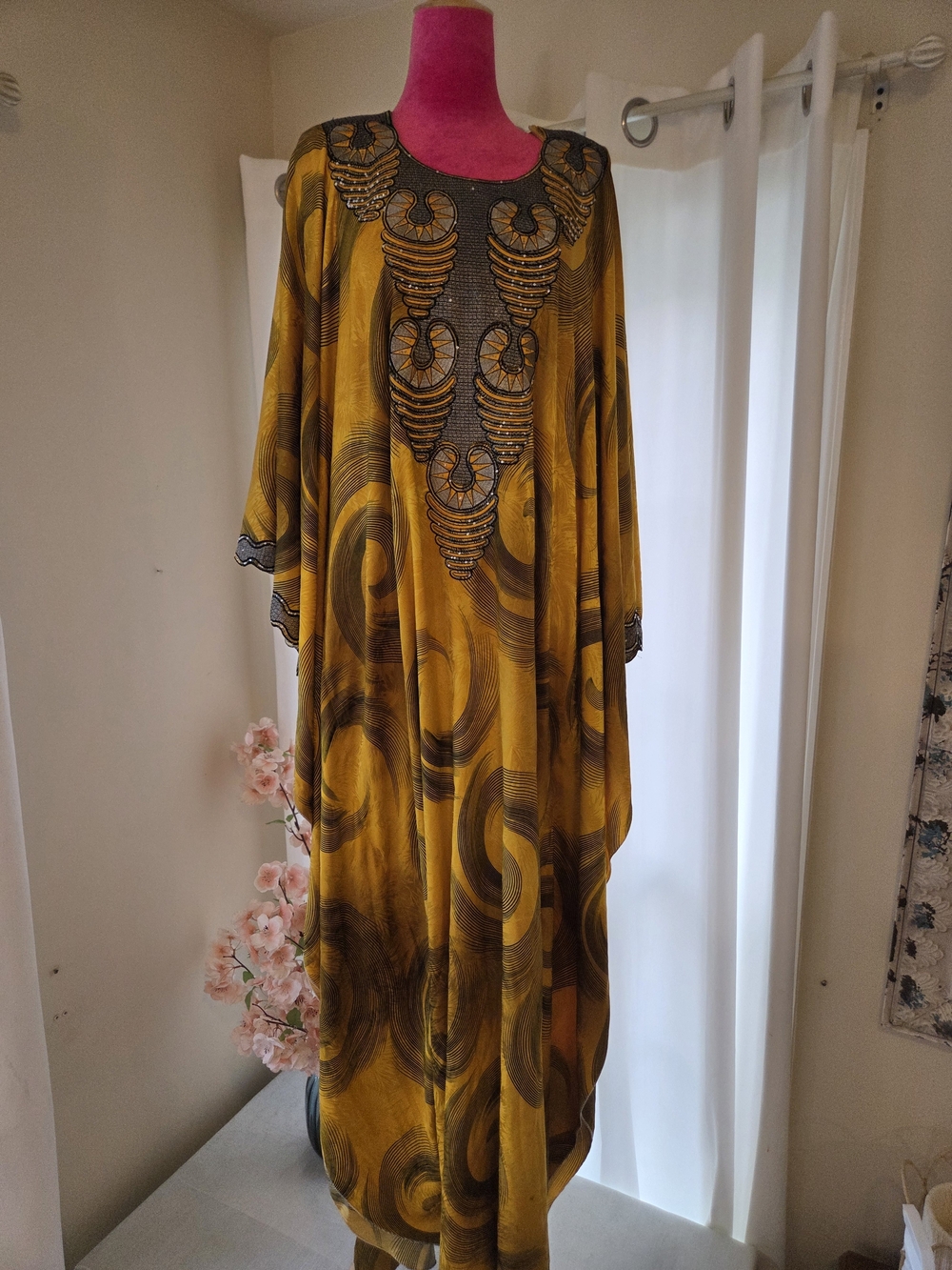 Golden-yellow African Dashiki Style Kaftan Dress Intricate patterned Embellished